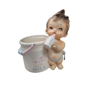 Vintage Lefton Baby Planter Wearing Diaper Kitschy Milk Pail